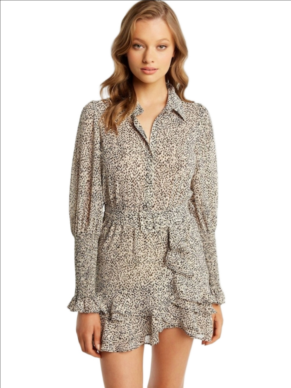 BARDOT Bessie Belted ruffles mesh sheer Mini dress in Geo Spot print